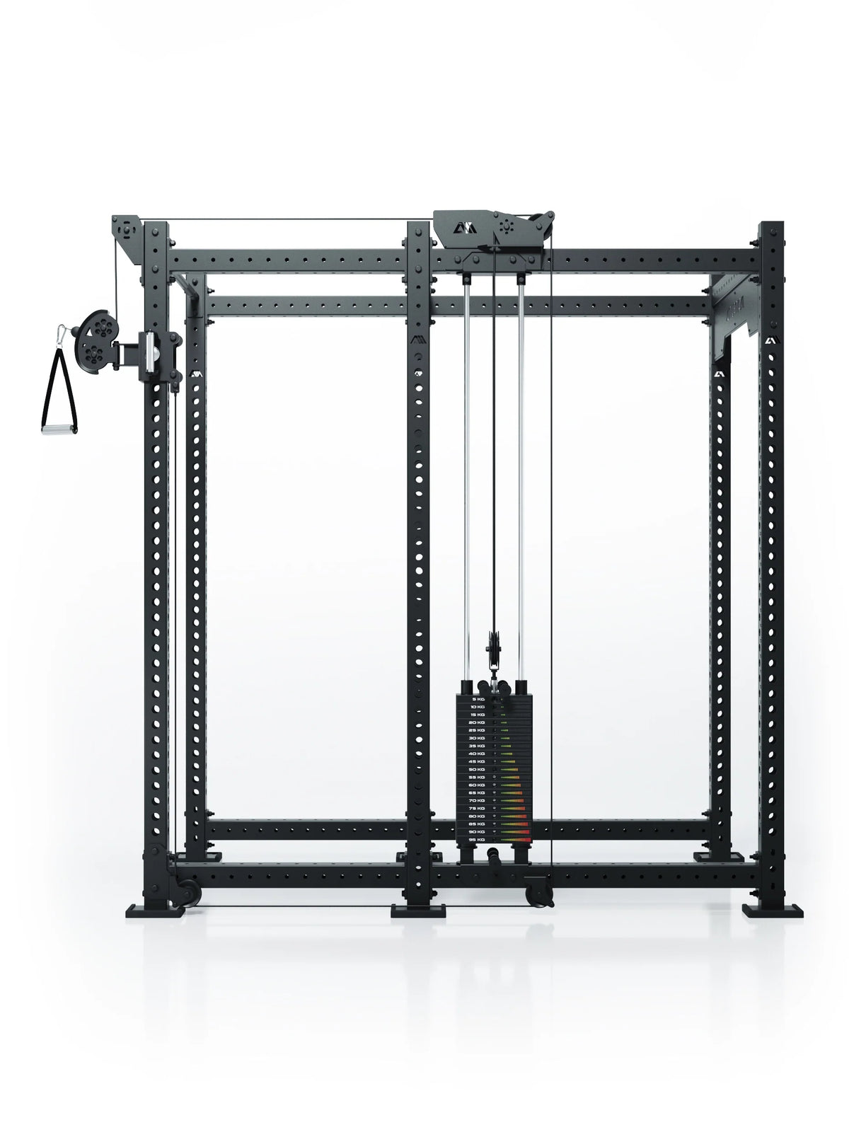Atletica R8 Bradley 210 lb cable pulley attachment mounted right on the black rack, front view