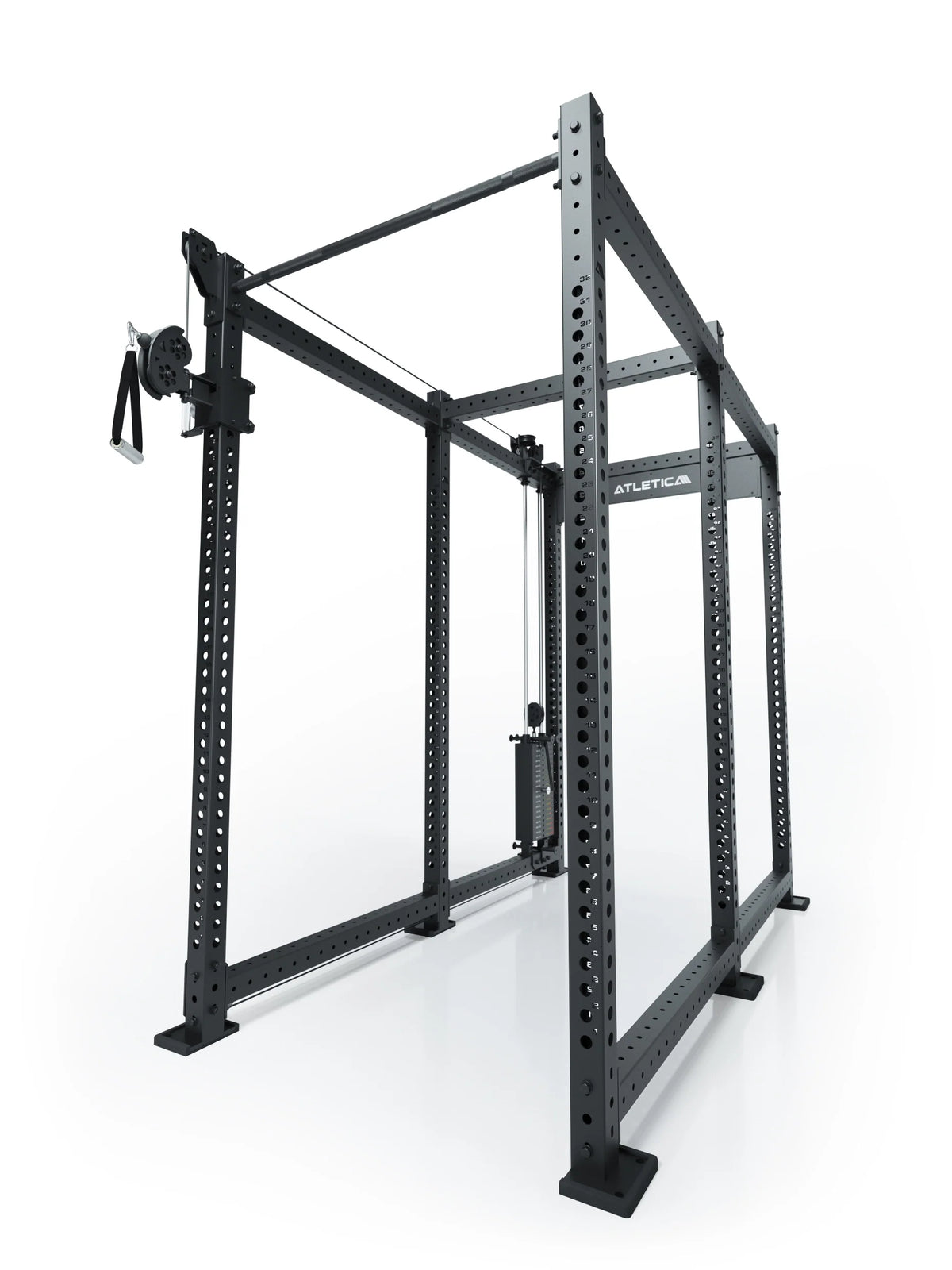 Atletica R8 Bradley 210 lb cable pulley attachment, left, 43 inch crossbar, mounted on a black rack, angled view