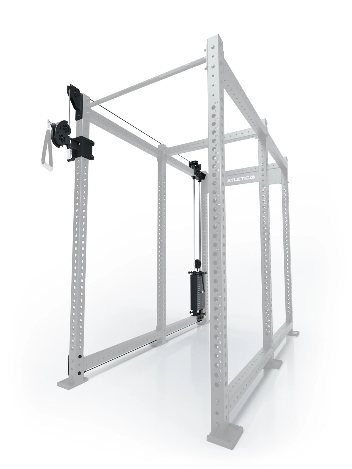 Atletica R8 Bradley 210 lb cable pulley attachment, left side, 43-inch crossbar, position 6, angled view