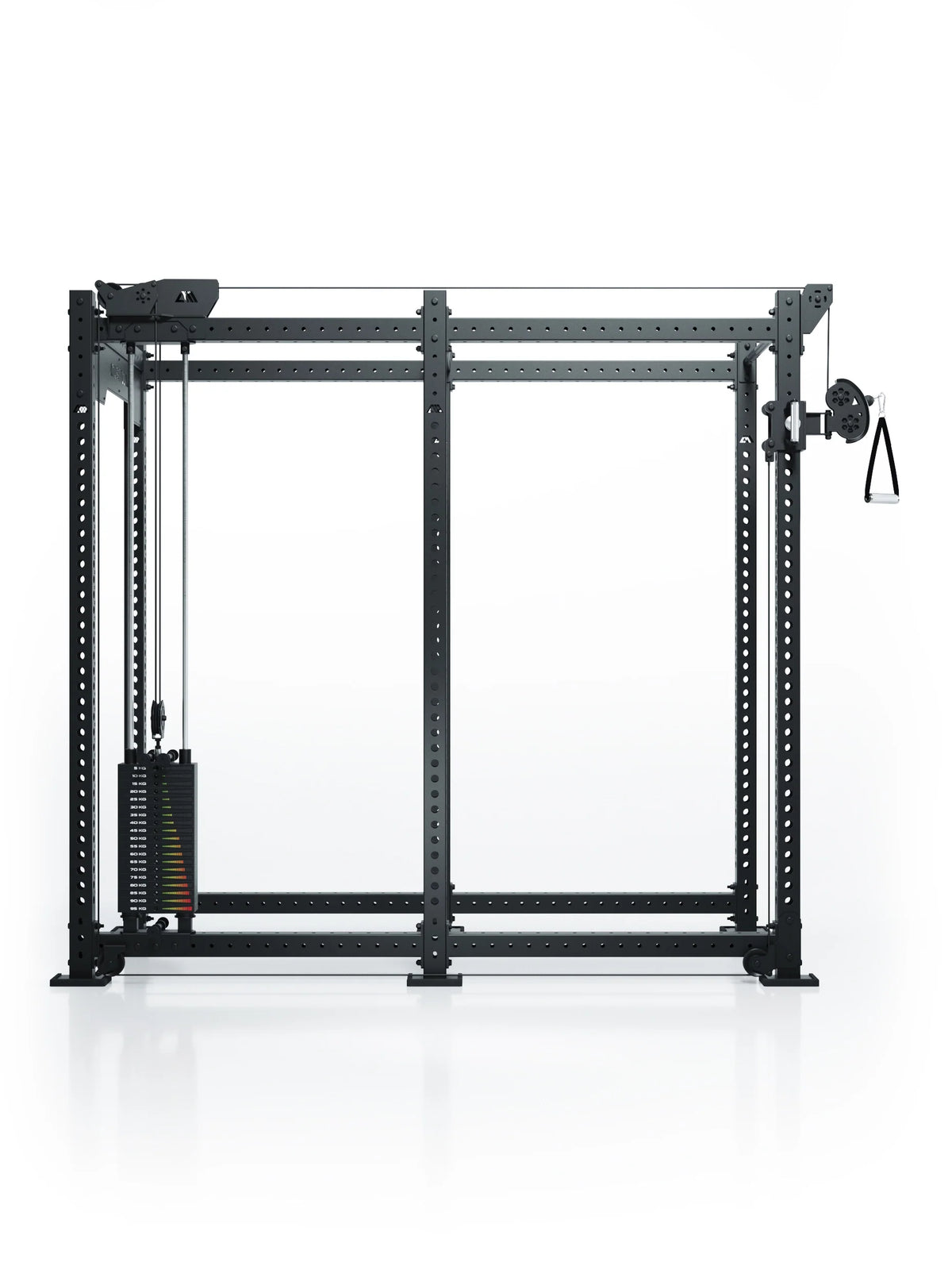 Atletica R8 Bradley 210 lb cable pulley attachment, left, 43 inch crossbar, mounted on a black rack, front view