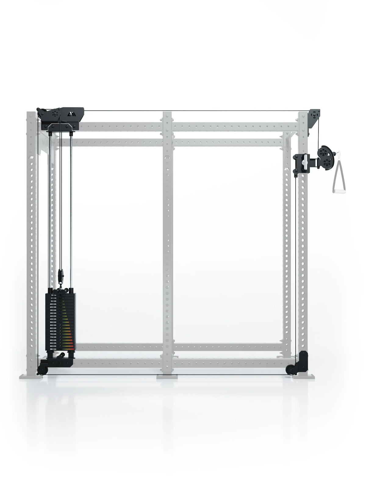 Atletica R8 Bradley 210 lb cable pulley attachment, left, 43 inch crossbar, on a gray rack outline, front view
