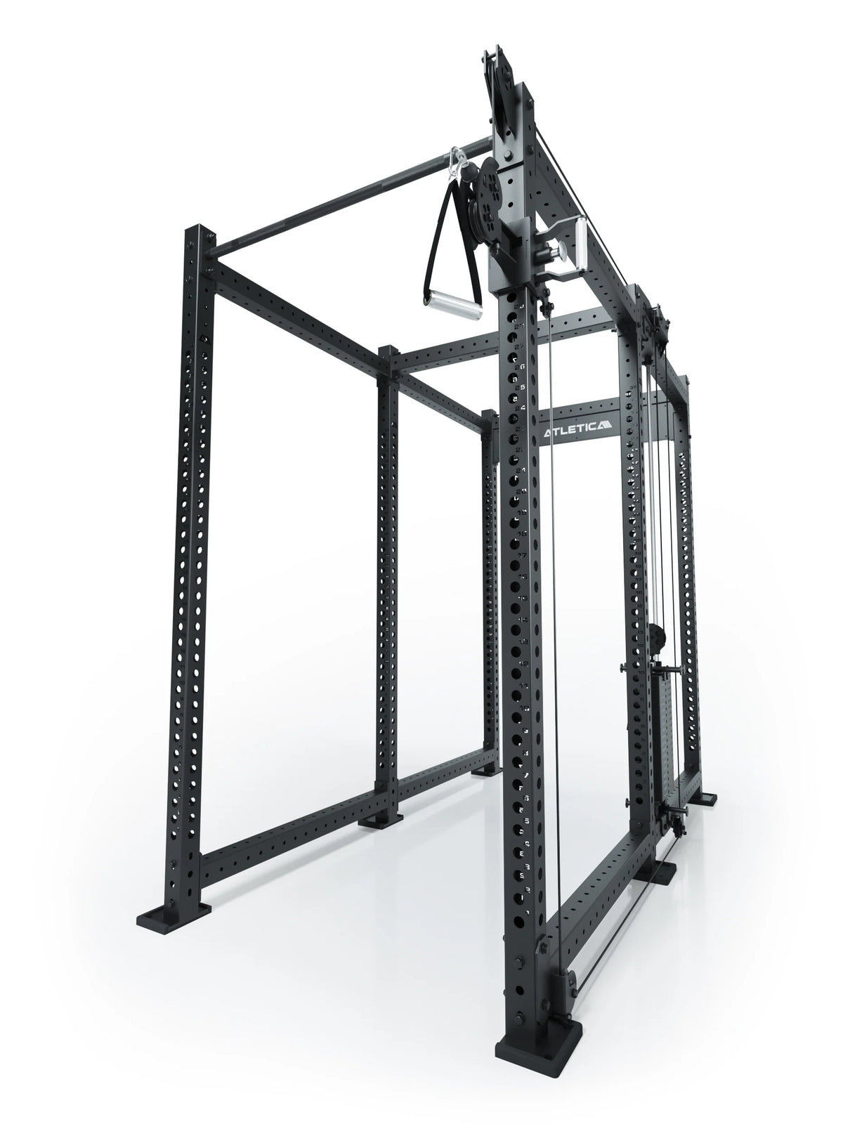 Atletica R8 Bradley 210 lb cable pulley attachment mounted right on a black power rack, angled view