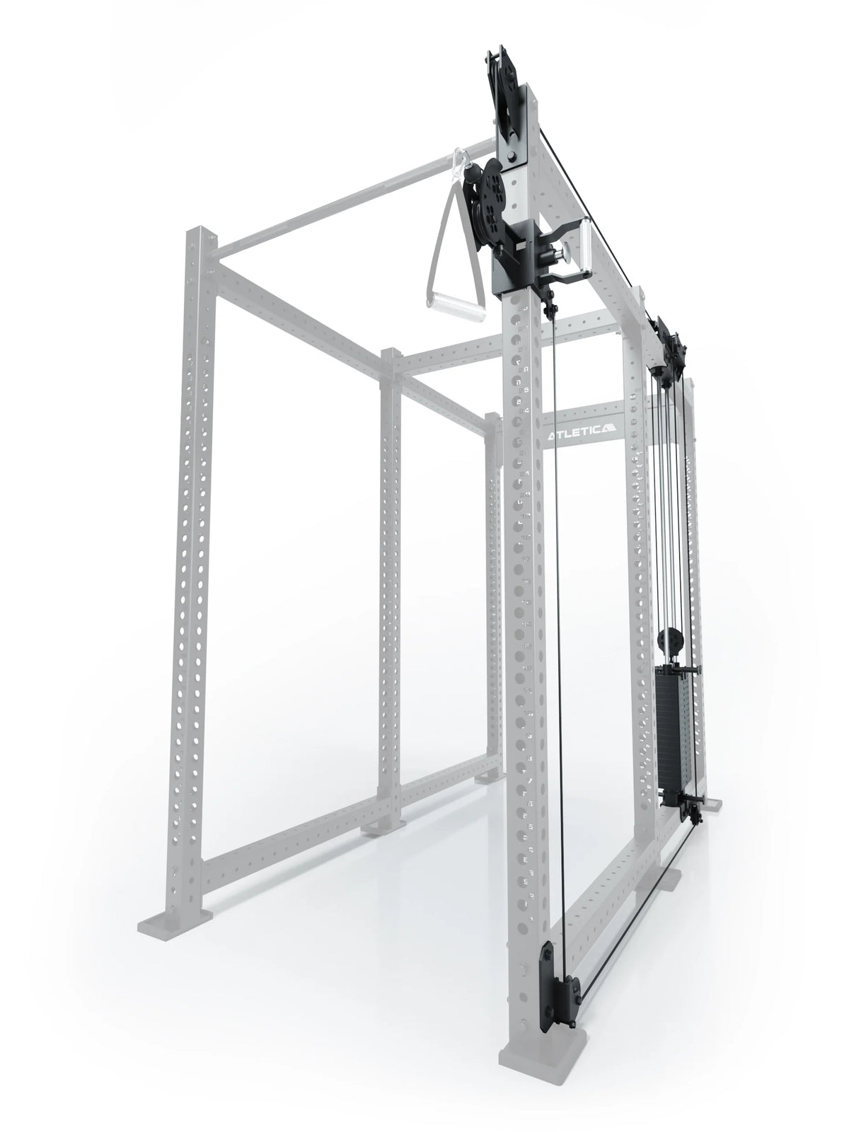 Atletica R8 Bradley 210 lb cable pulley attachment, right side, 43-inch crossbar, position 5, angled view
