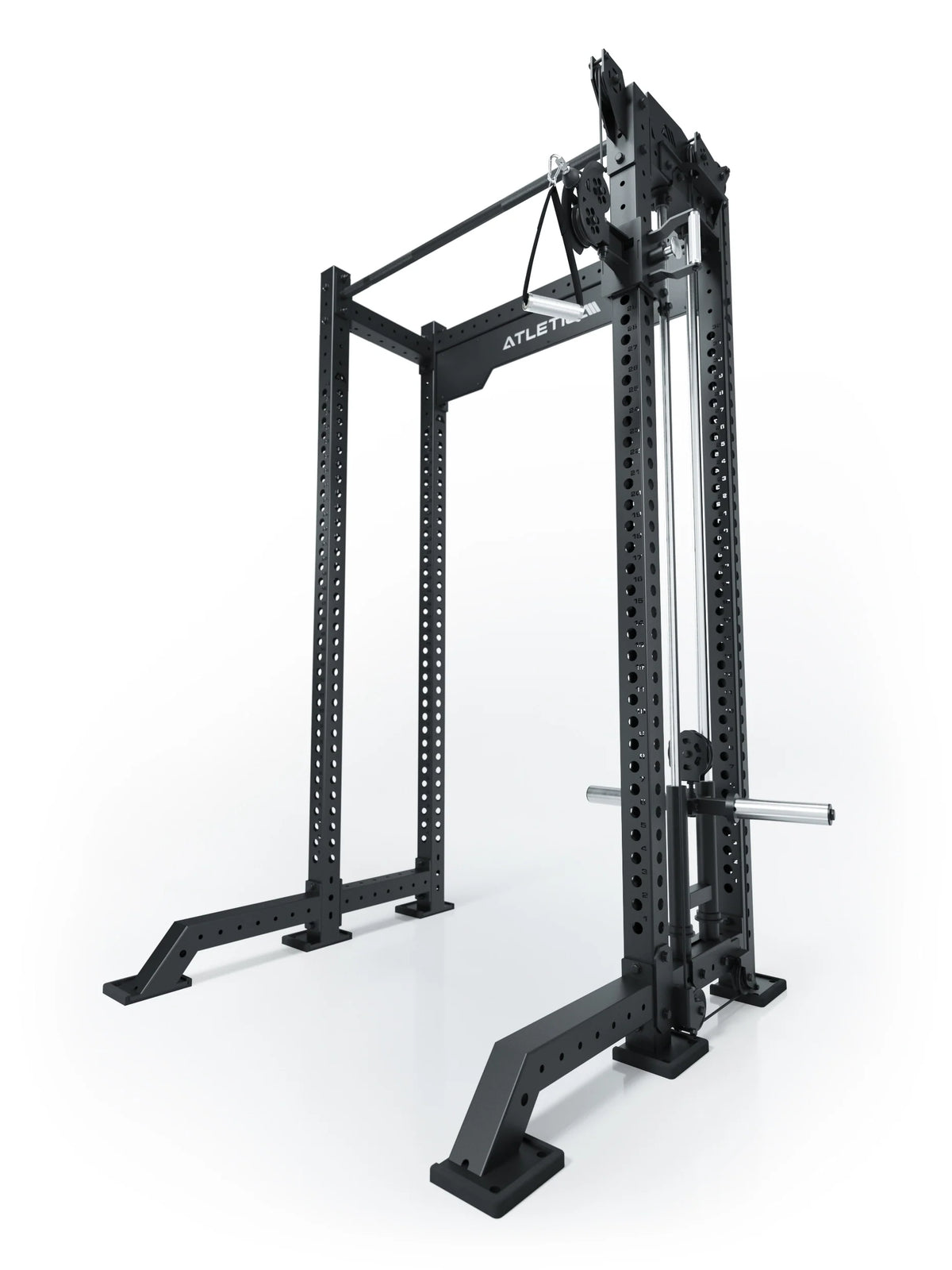 Atletica R8 Bradley plate loaded cable attachment, right, 16.5-inch crossbar, position 1, angled view on black rack
