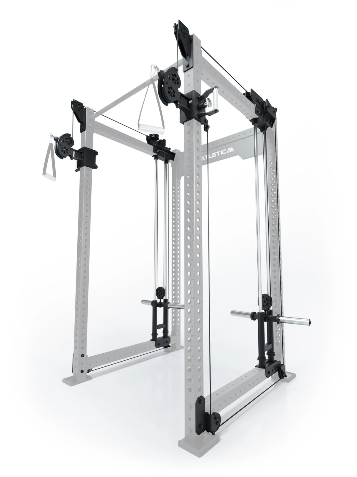 Atletica R8 Bradley plate loaded dual cable attachment, 43-inch crossbar, position 3, shown on gray rack