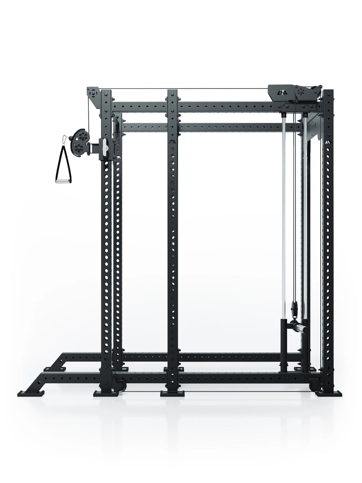 Atletica R8 Bradley plate-loaded cable attachment, right, 16.5 inch, on a black power rack, front view