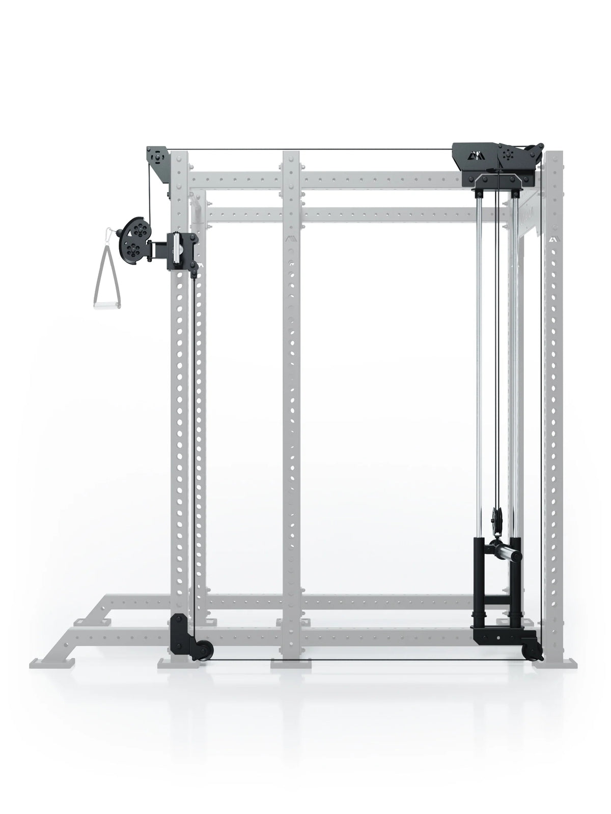 Atletica R8 Bradley plate-loaded cable attachment, right, 16.5 inch, on a rack shown in outline, front view