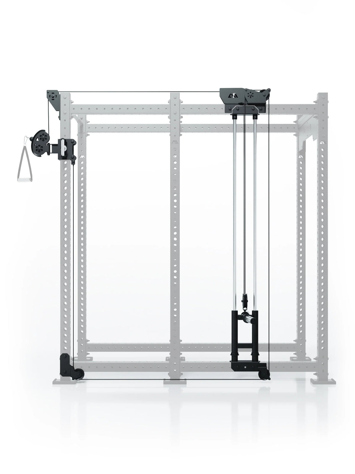 Atletica R8 Bradley plate-loaded cable attachment, right, highlighted on a rack outline, front view