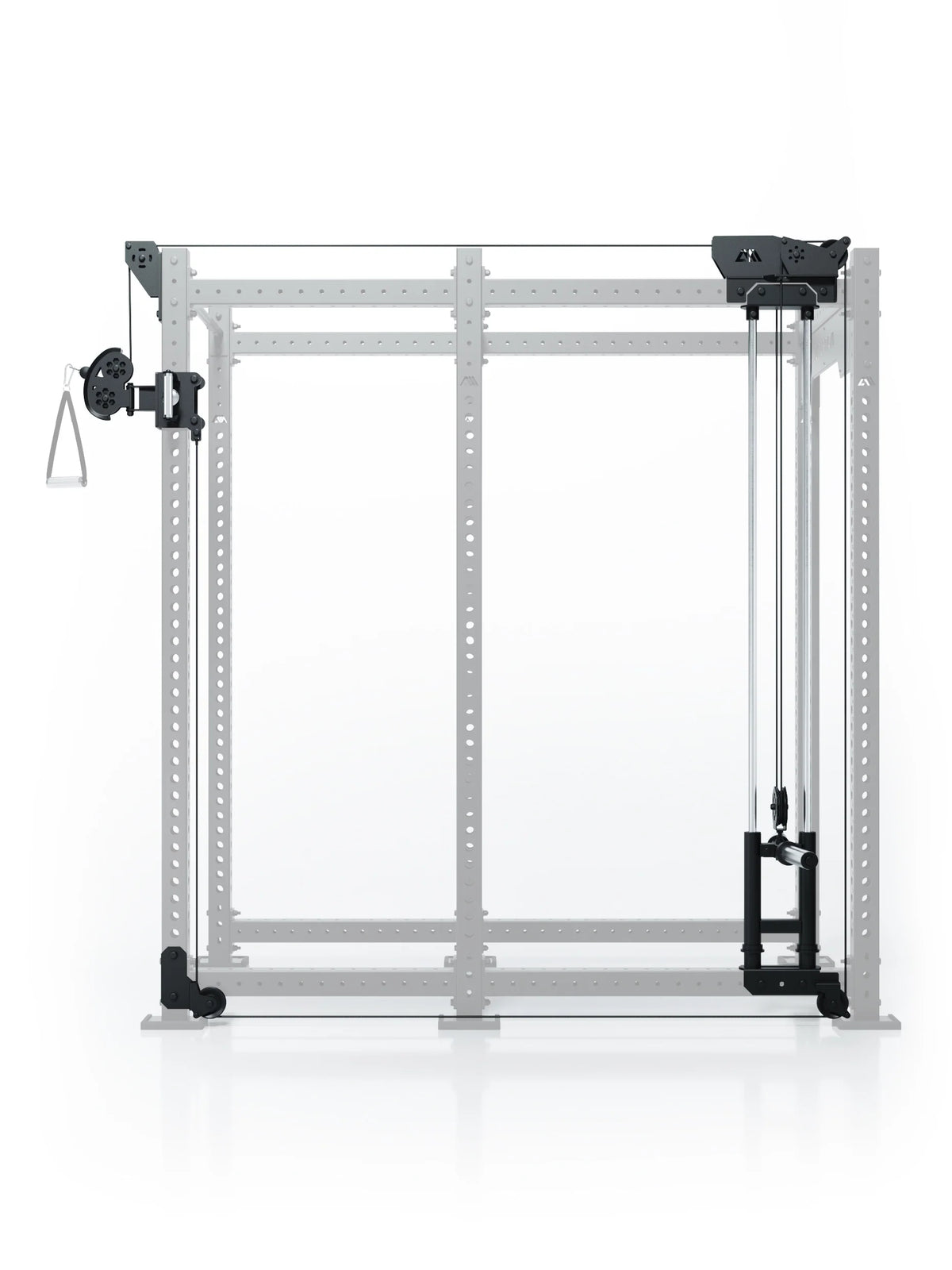 Atletica R8 Bradley plate loaded cable attachment, right, 30.5-inch crossbar, position 6, front view on gray rack