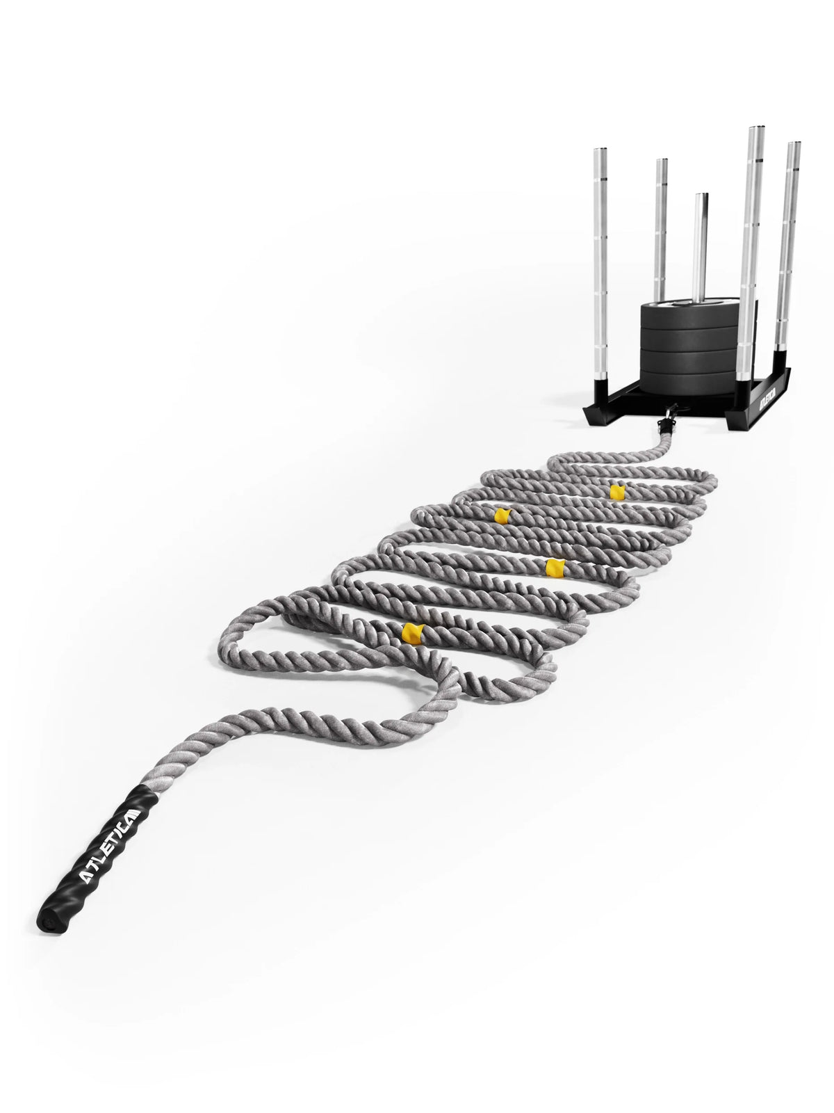 HRX Power Rope 50 ft by Atletica with laid-out rope and HRX Sled in the background