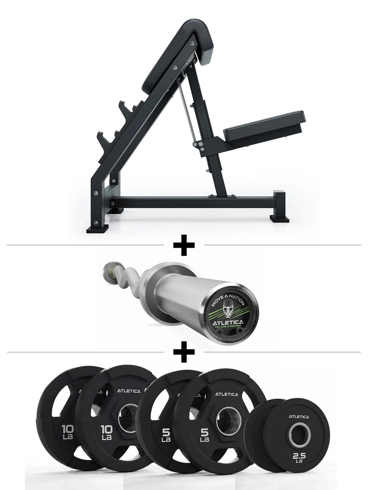 Atletica Preacher Curl SET - adjustable Curl Bench, EZ Bar and 75 lb Gripper Plates Weight Plates