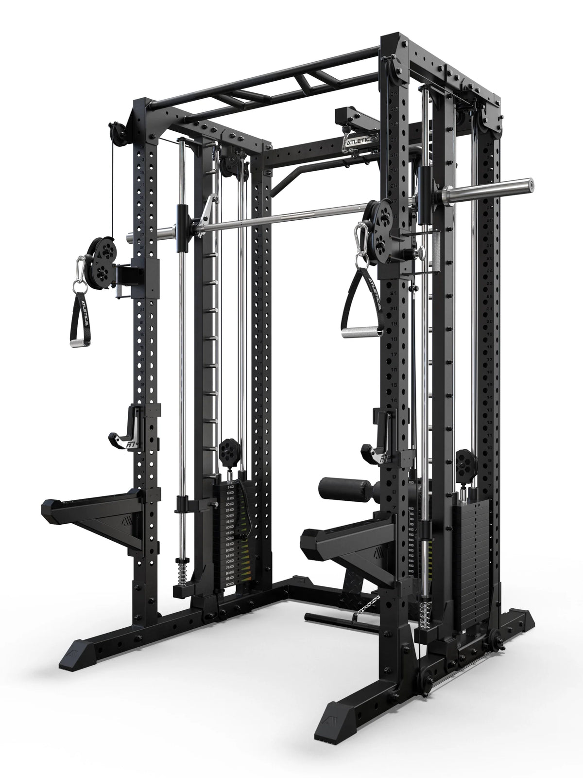 Atletica R7-Fighter Power Rack with integrated Lat Pulldown and low row in black steel construction with Smith Machine and Functional Trainer