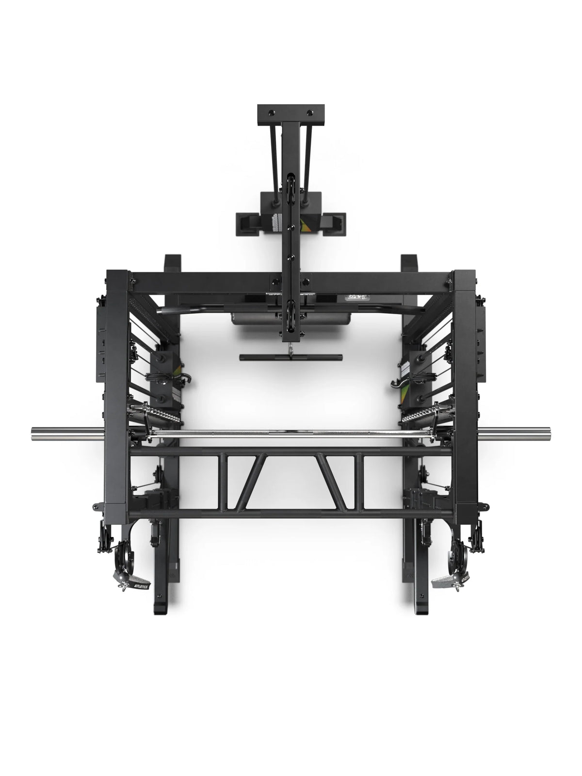 R7-Fighter Power Rack from above with Multi-Grip Pull-Up Bar, Smith Machine and integrated cable pulley guide