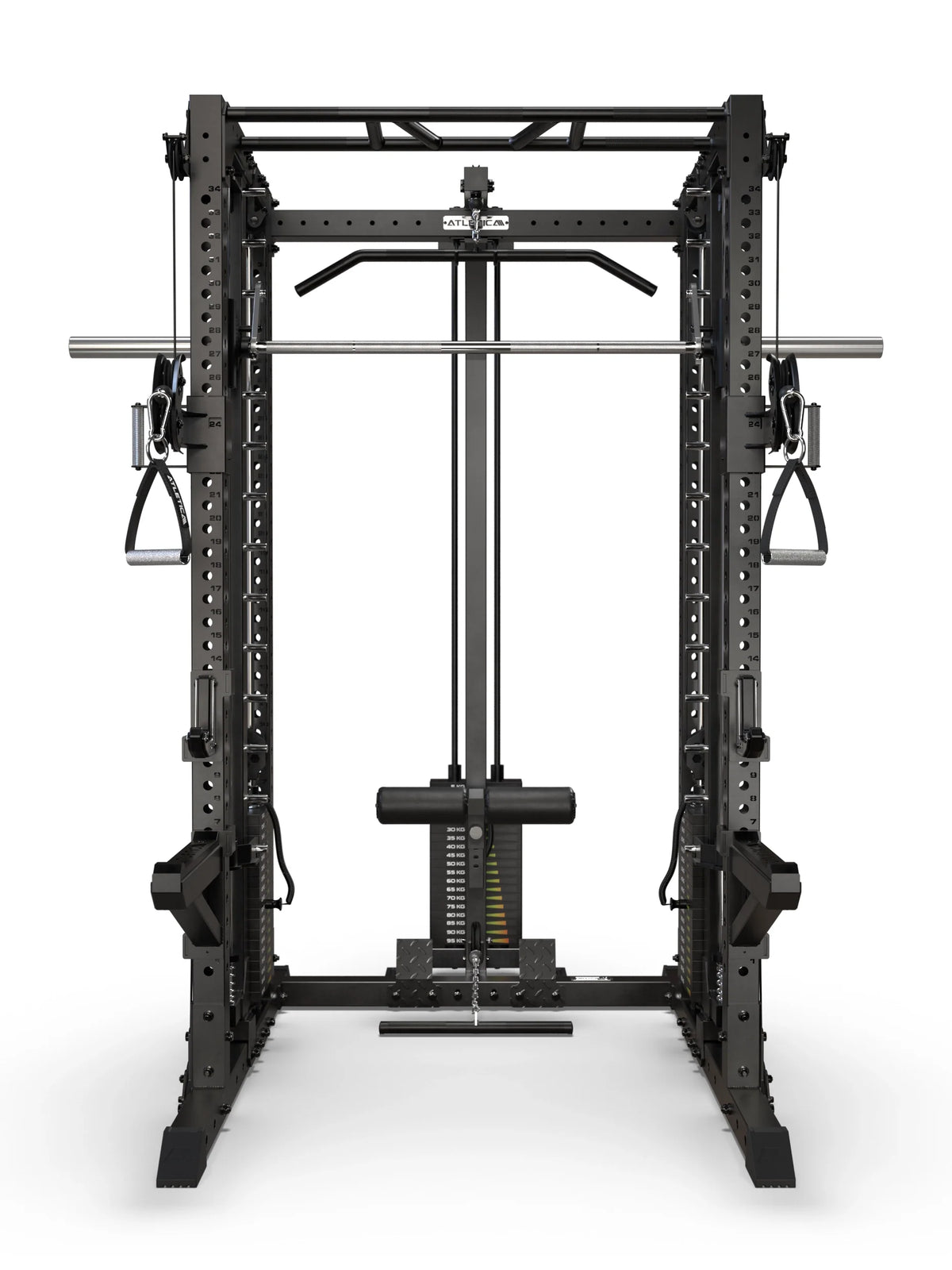 R7-Fighter Power Rack front view with Smith Machine, lat pulldown station, low row and Multi-Grip Pull-Up Bar
