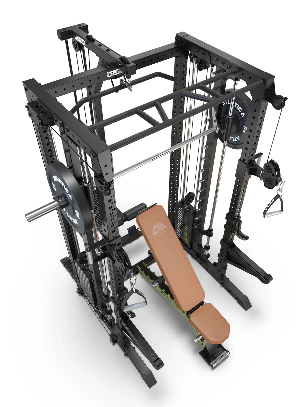 R7-Fighter Power Rack with Raptor adjustable Weight Bench in bird's-eye view with barbell, cable pulleys and pull-up module