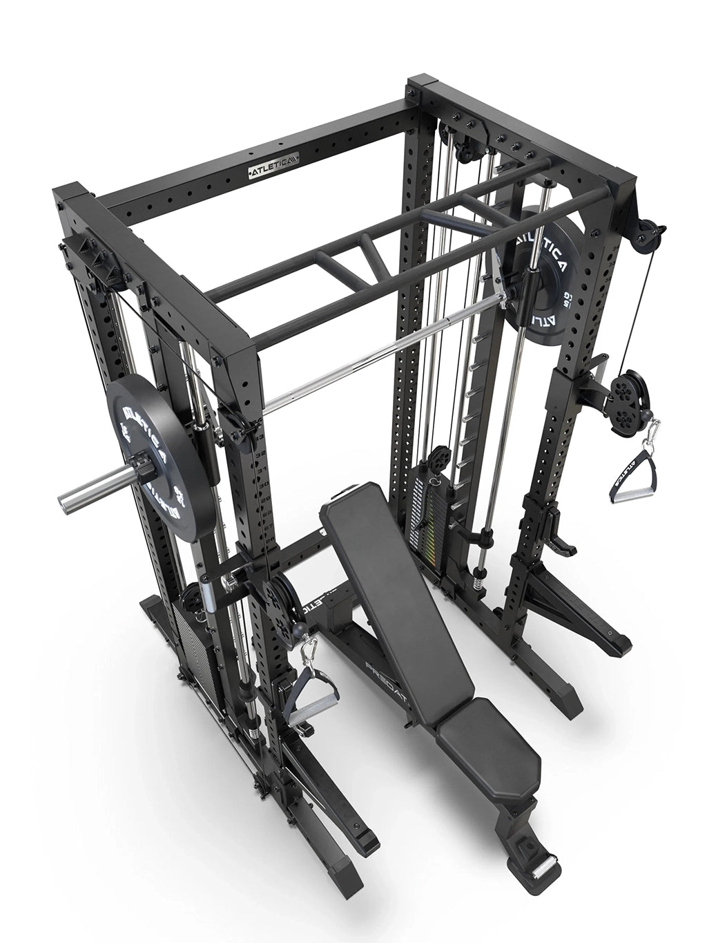 R7 Fighter Base Power Rack with Predator Adjustable Weight Bench in top view with Smith Machine and pull-up module