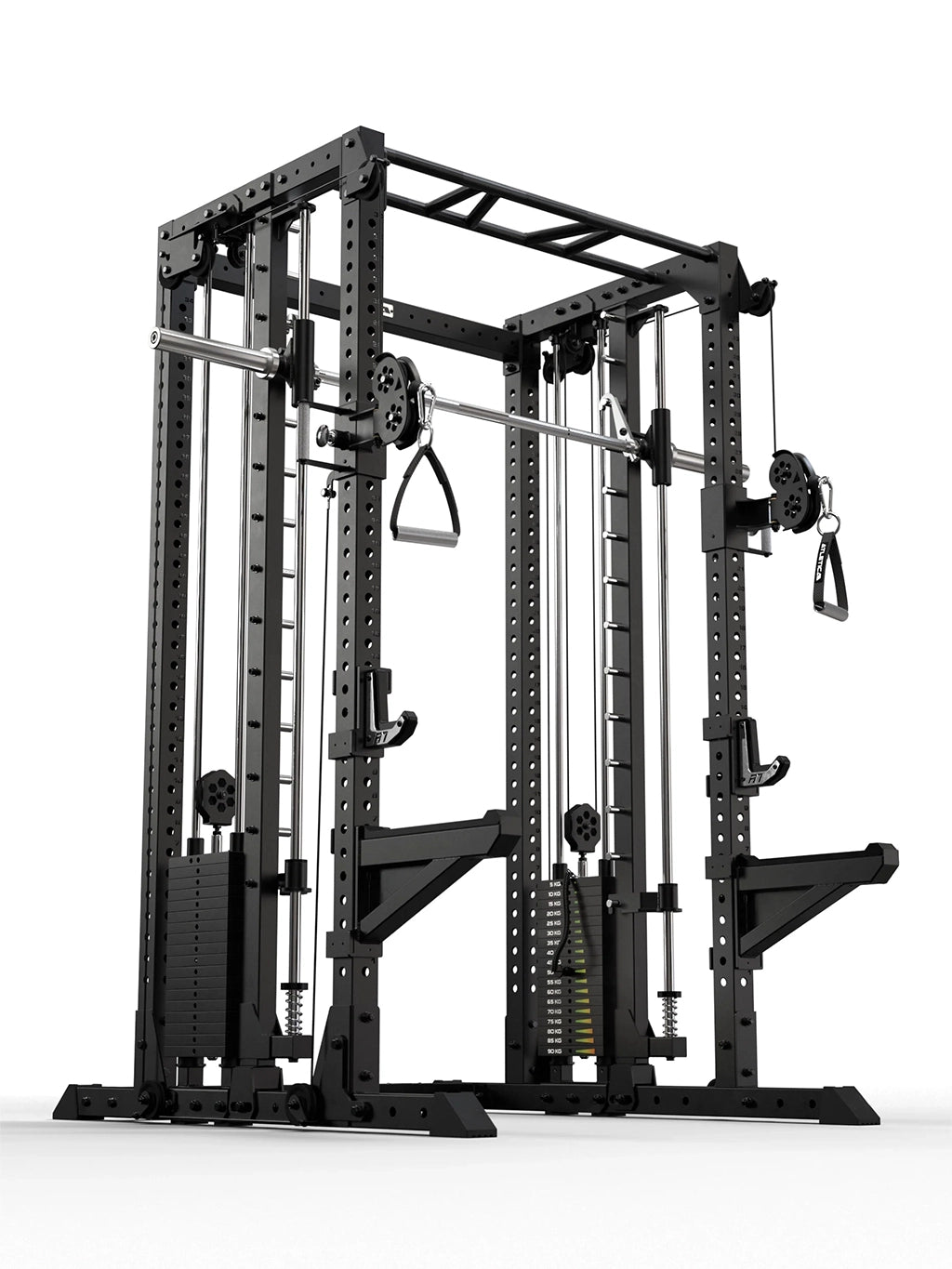 R7 Fighter Base Power Rack in angled front view with height-adjustable cable pulleys and safety arms