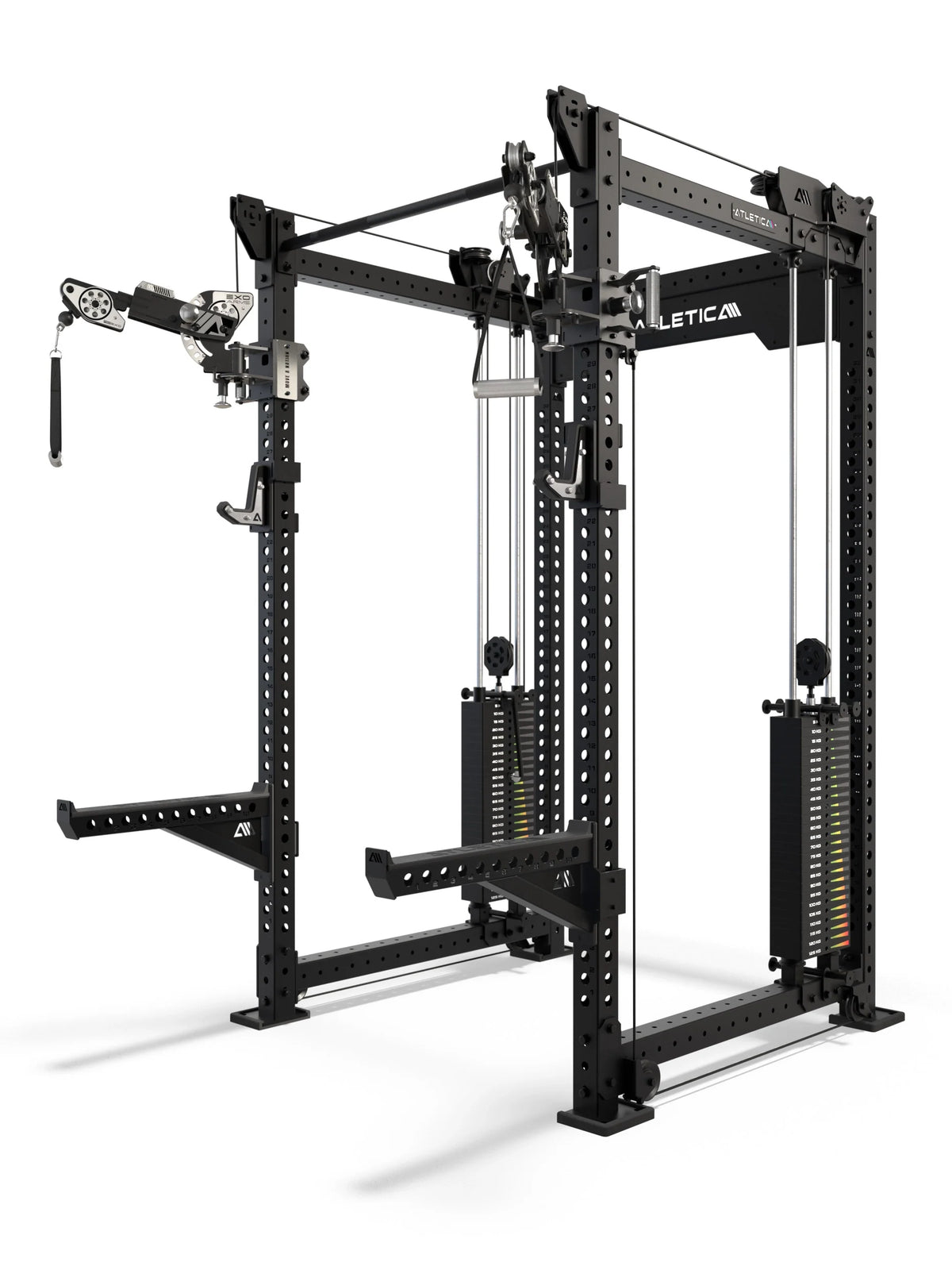 Atletica R8 Bradley EXO Power Rack with functional trainer and 2x275 lb weight stack, in black, with 43" crossbar depth