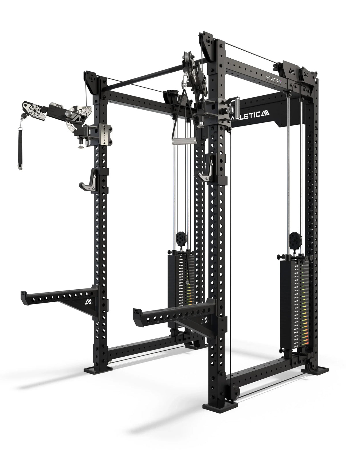 Atletica R8 Bradley EXO Power Rack with functional trainer and 2x275 lb weight stack, in black, with 43" crossbar depth