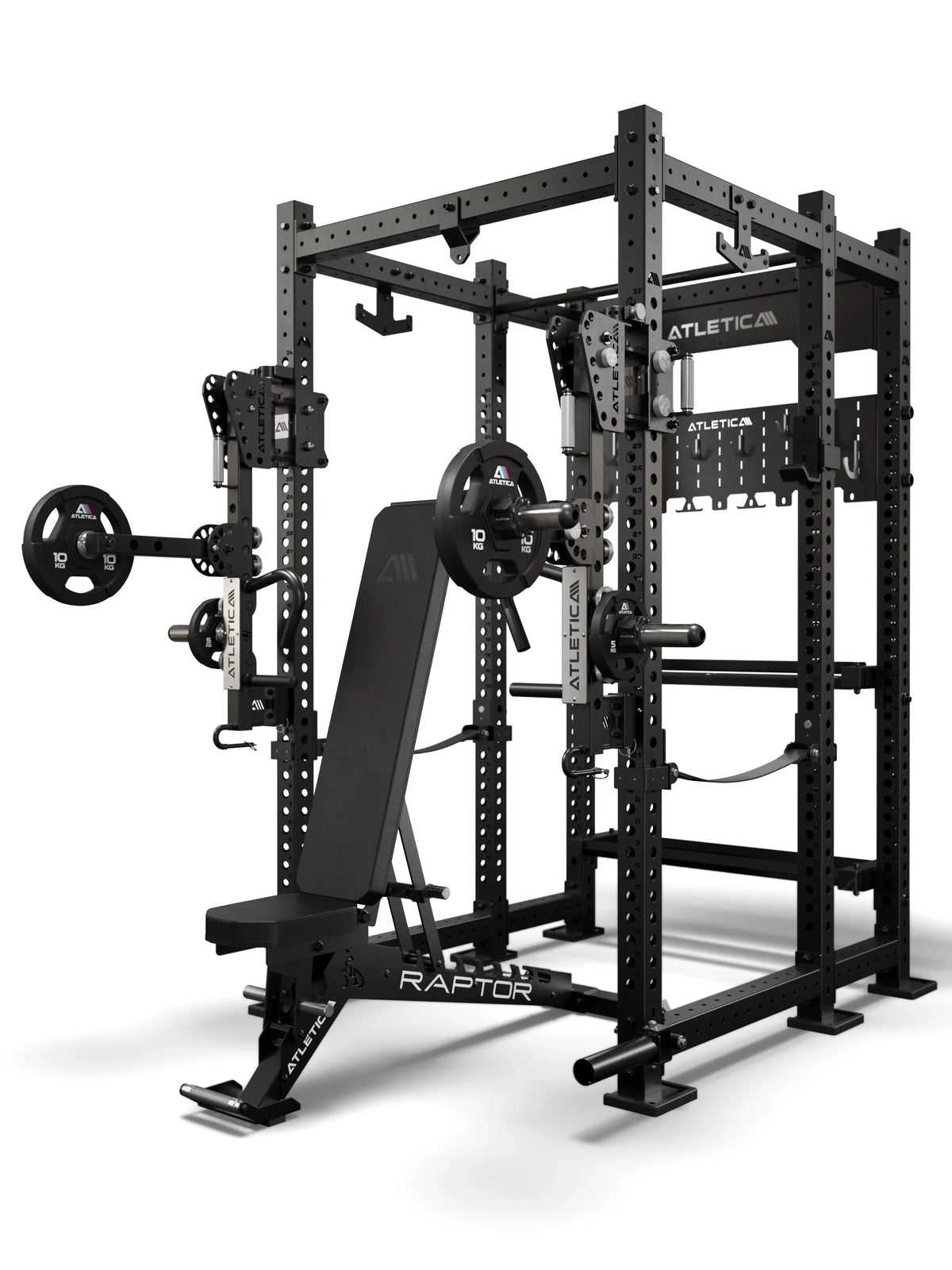 Atletica R8 Utile Combat set in black with weight plates on jammer arms, angled view, close framing