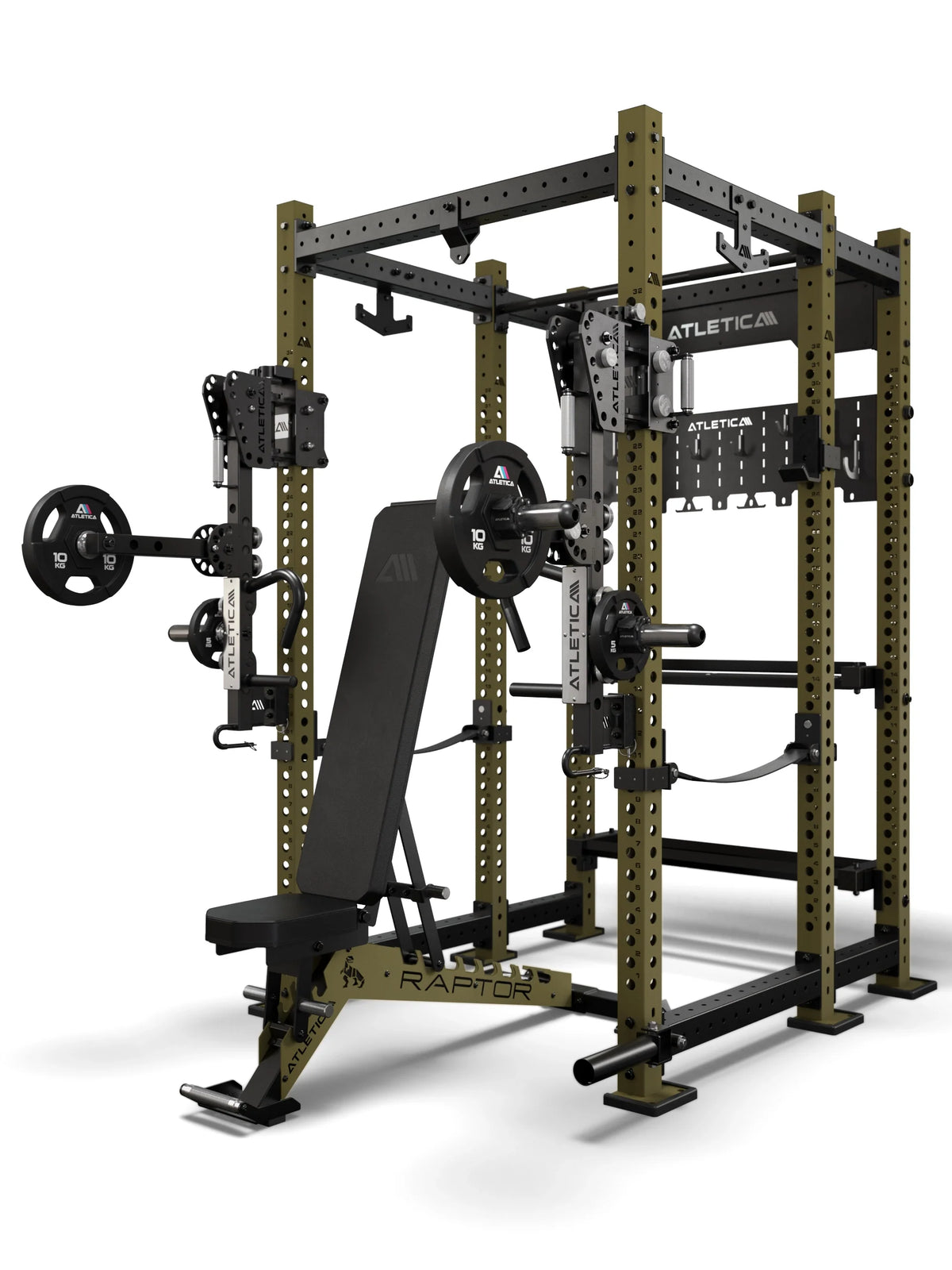 Atletica R8 Utile Combat set in military green with jammer arms and Raptor bench, angled view