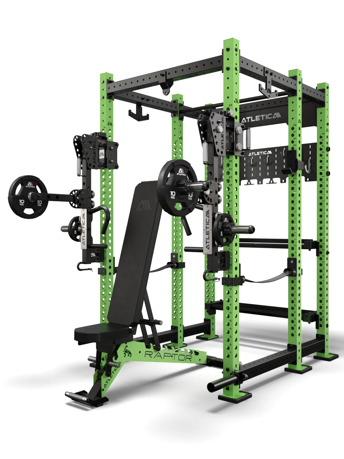 Atletica R8 Utile Combat set in electric green with jammer arms and Raptor bench, angled view
