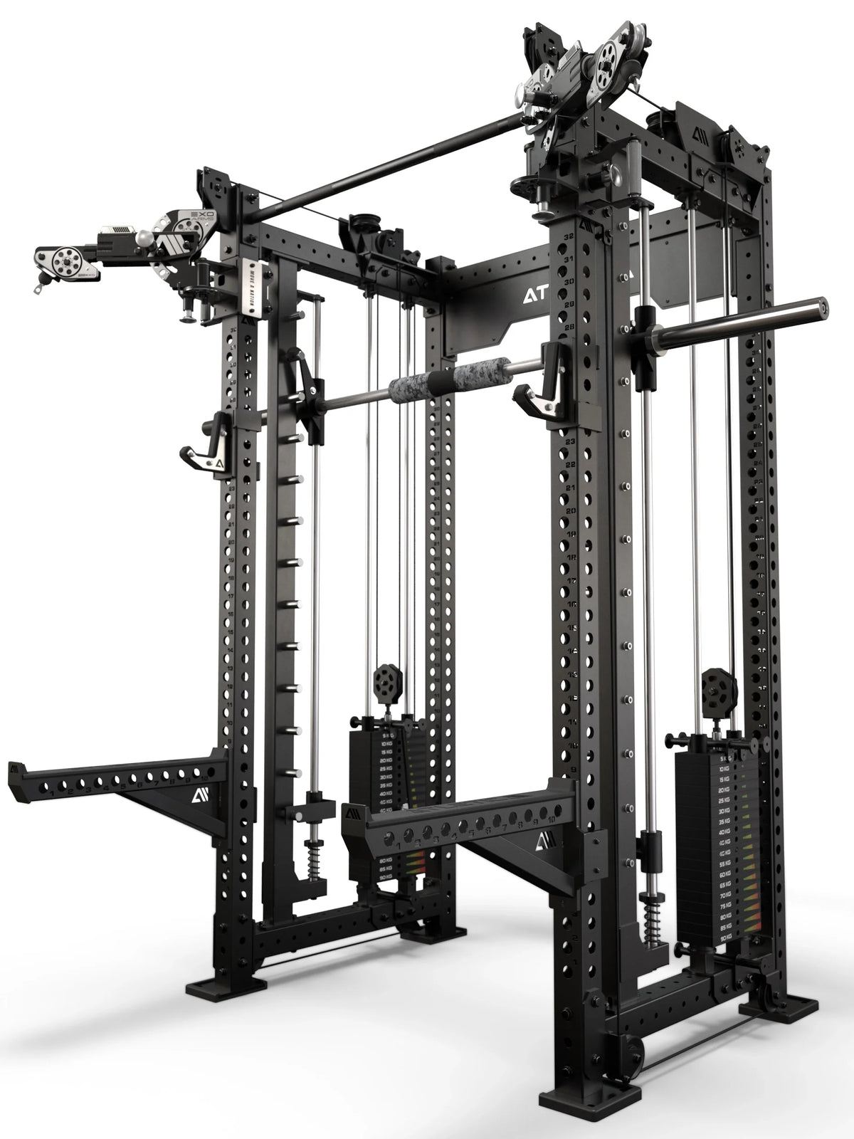 Atletica R8 Bradley EXO rack with 2x210 lb stacks and Smith machine, black, alternate angled render