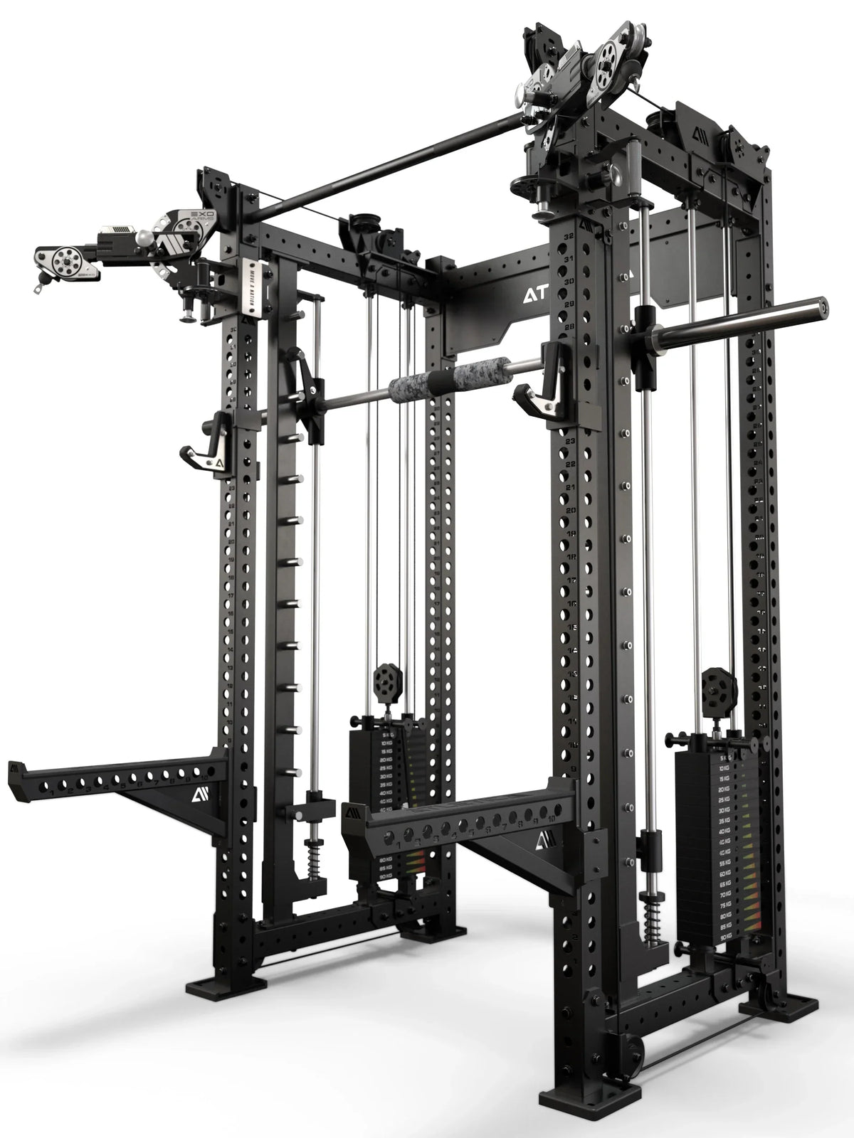 Atletica R8 Bradley EXO rack with 2x210 lb stacks and Smith machine, black, angled view