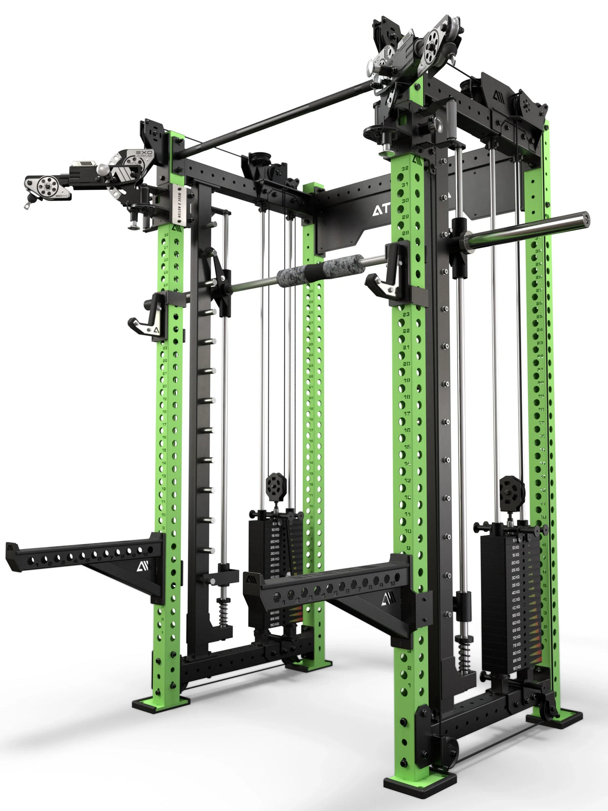 Atletica R8 Bradley EXO rack with 2x210 lb stacks and Smith machine, electric green uprights, angled view