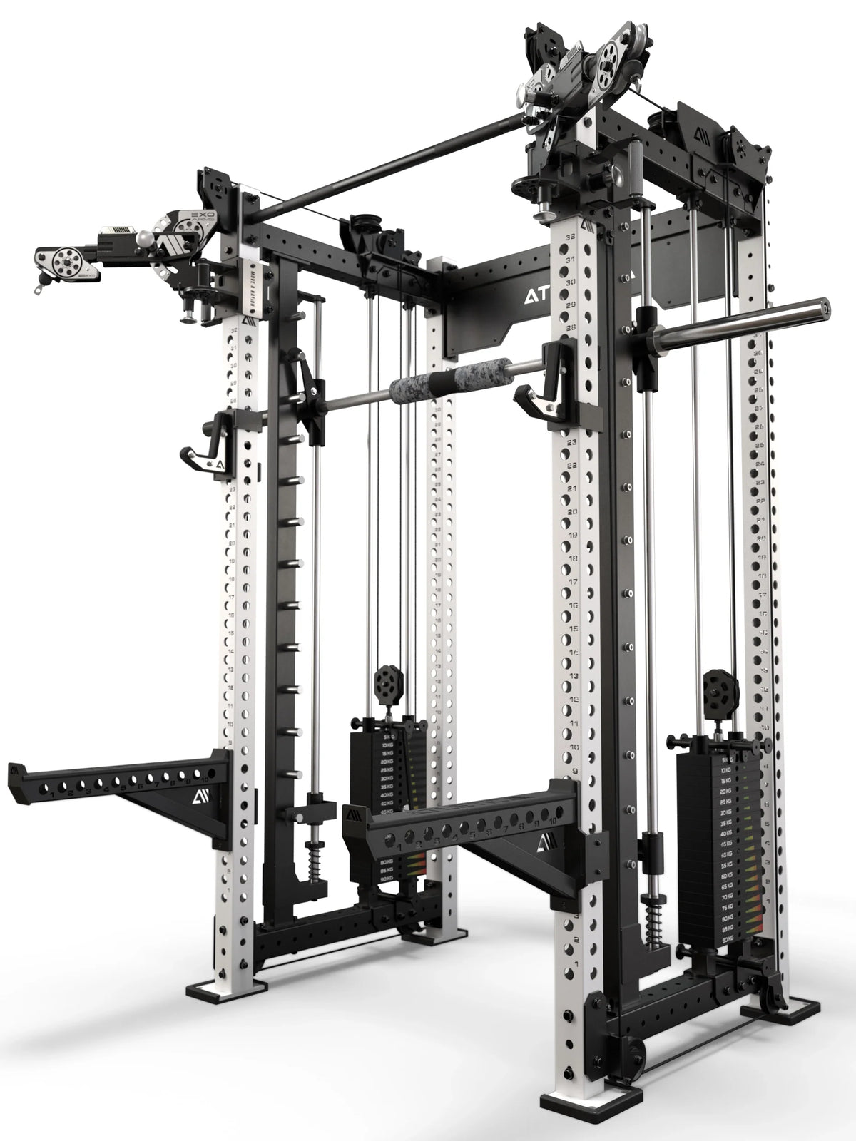 Atletica R8 Bradley EXO rack with 2x210 lb stacks and Smith machine, white uprights, angled view