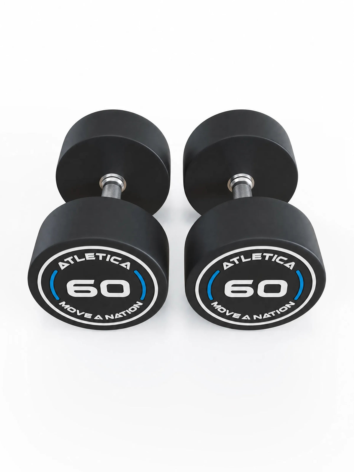 Round Dumbbells PRO in pairs - two black dumbbells, round ends, silver handles, made of polyurethane, for dumbbell strength training