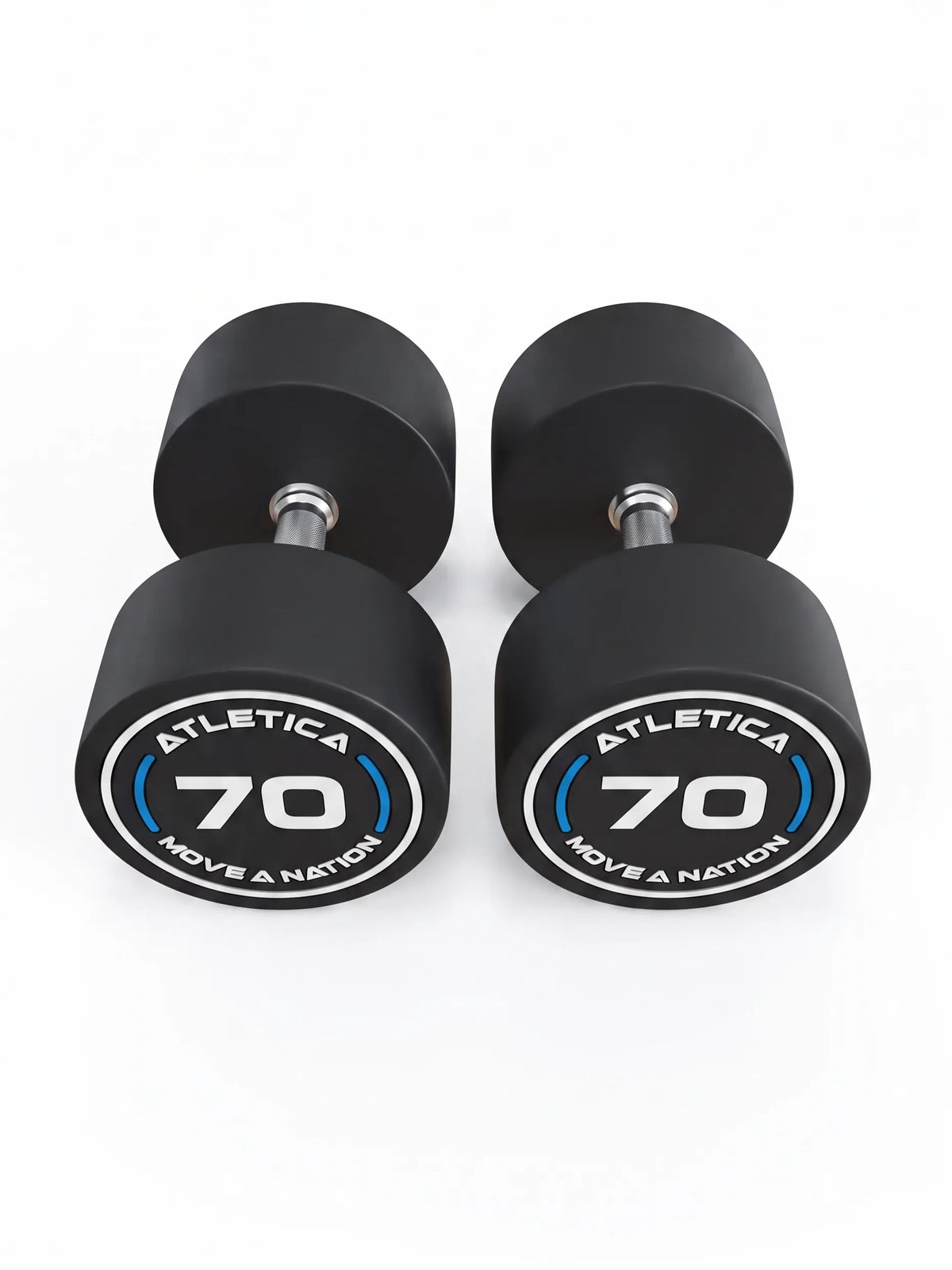 Round Dumbbells PRO in pairs - two black dumbbells, weight 75 lb, silver handles, made of polyurethane, for dumbbell strength training