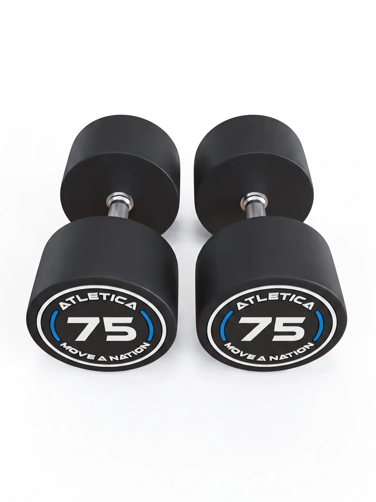 Round Dumbbells PRO in pairs - two black dumbbells, weight 85 lb, silver handles, made of polyurethane, for dumbbell strength training