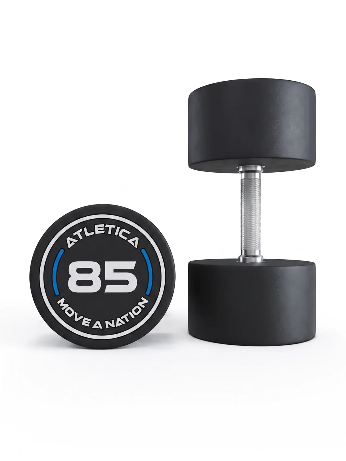 Round Dumbbells PRO Pairwise - Black Dumbbells, One Standing, One Lying, Silver Handle, Made of Polyurethane