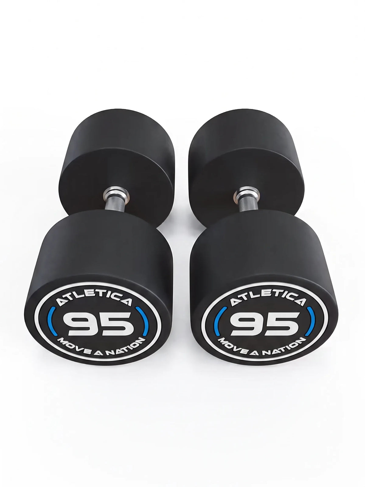 Round Dumbbells PRO in pairs - two black dumbbells, silver handles, made of polyurethane, for dumbbell strength training