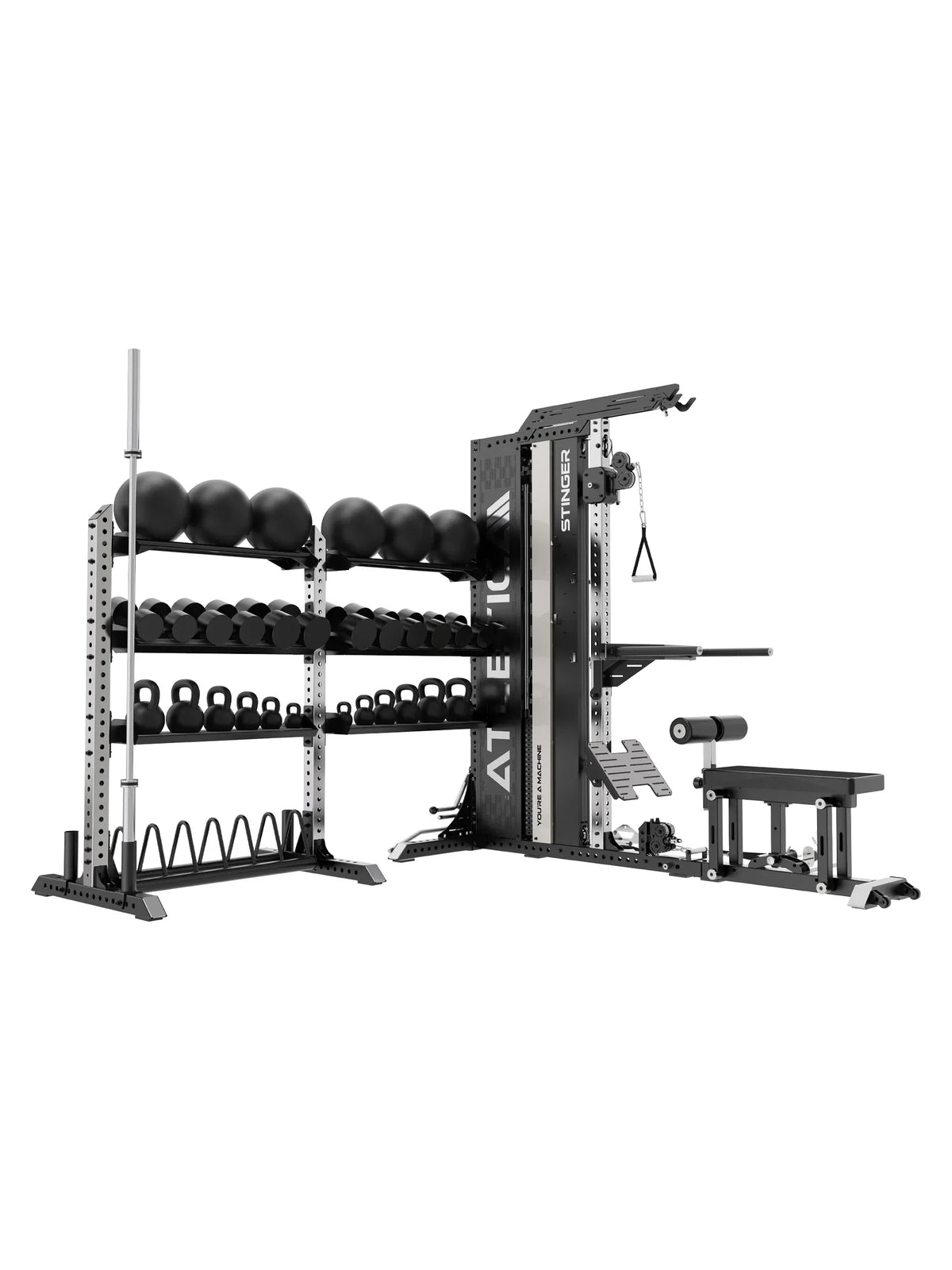 Atletica Stinger double storage next to the Stinger cable tower with balls and kettlebells