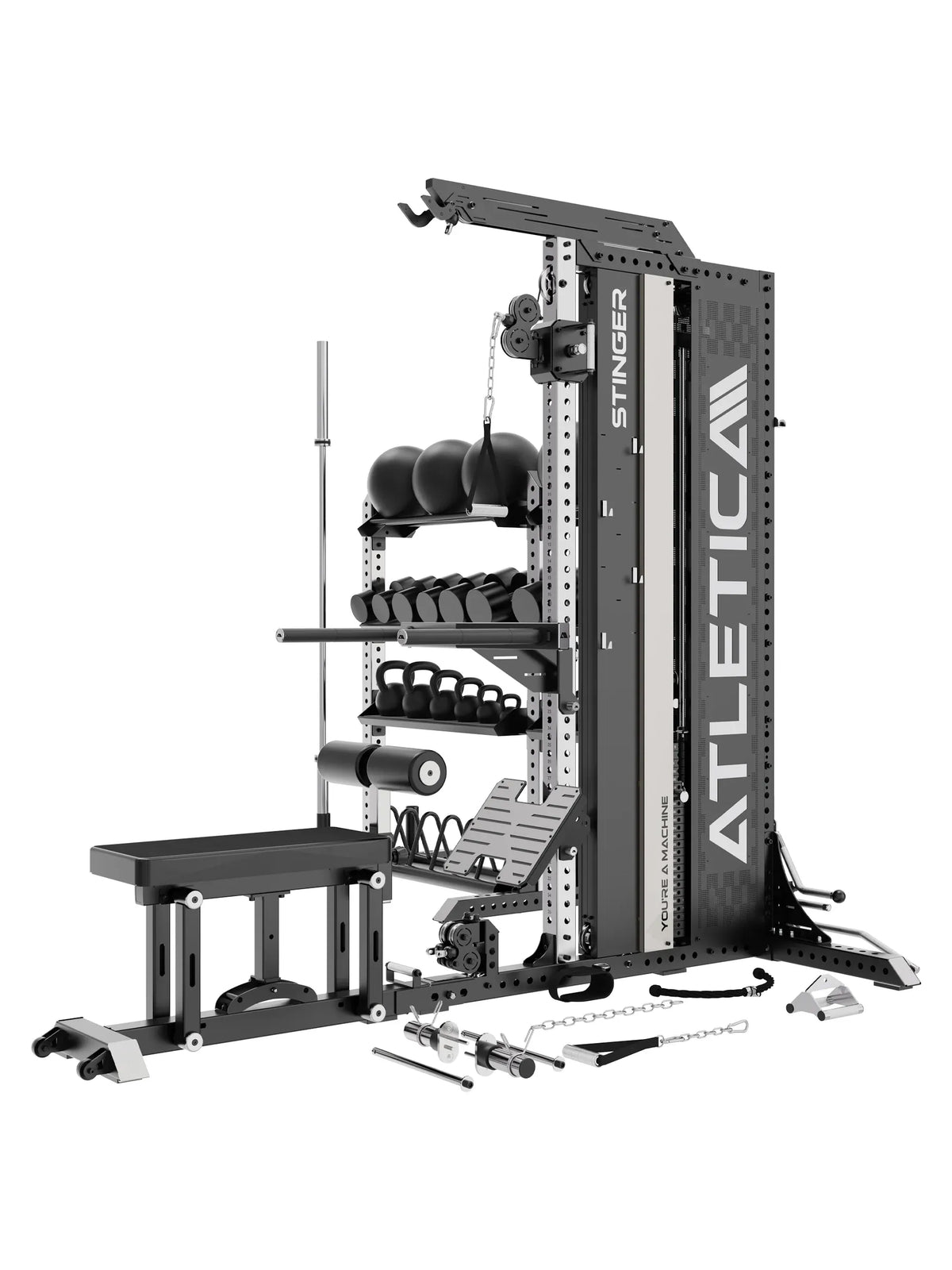Stinger Functional Trainer with storage extension for organized storage of accessories and attachments