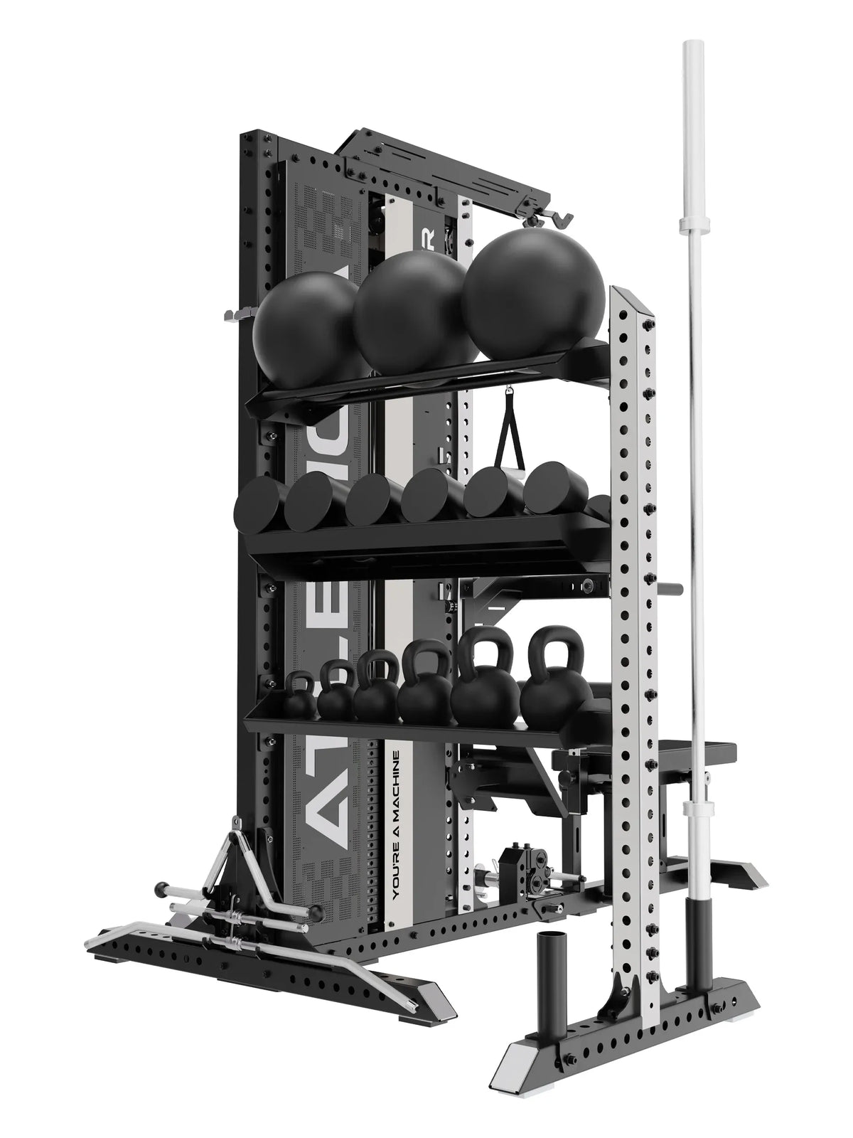 Stinger Storage Extension with shelf for Wallballs, Dumbbells, kettlebells and weight plates
including barbell holder