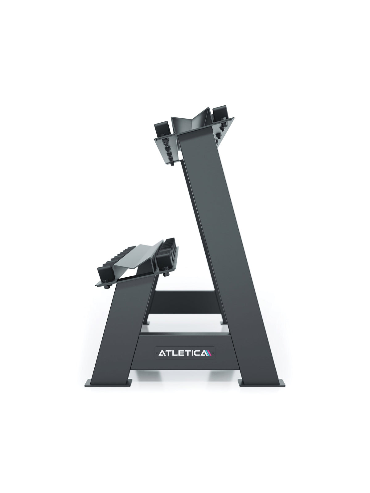 Rack for round dumbbells - black dumbbell shelf made of metal, two shelves, Atletica logo on the front