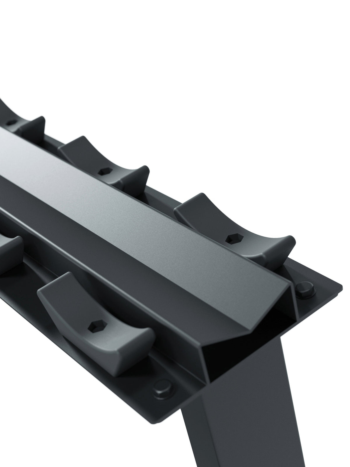 Holder for Round Dumbbells - black metal frame with brackets for Round Dumbbells, side screws visible