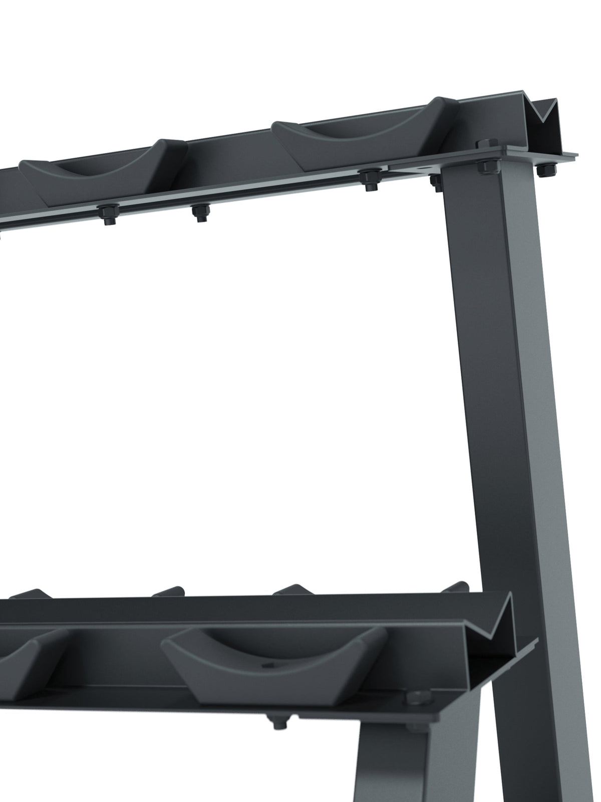 Storage for Round Dumbbells - black metal dumbbell storage rack, two tiers, no dumbbells, visible screws