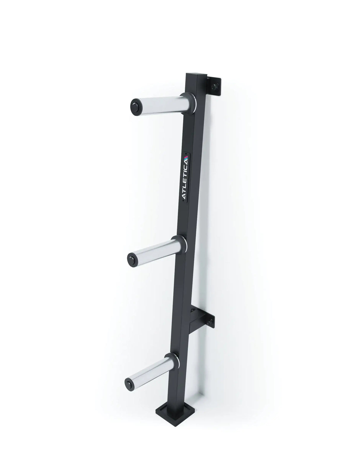 Weight plate holder wall mount with three silver holders – for orderly storage directly on the rack