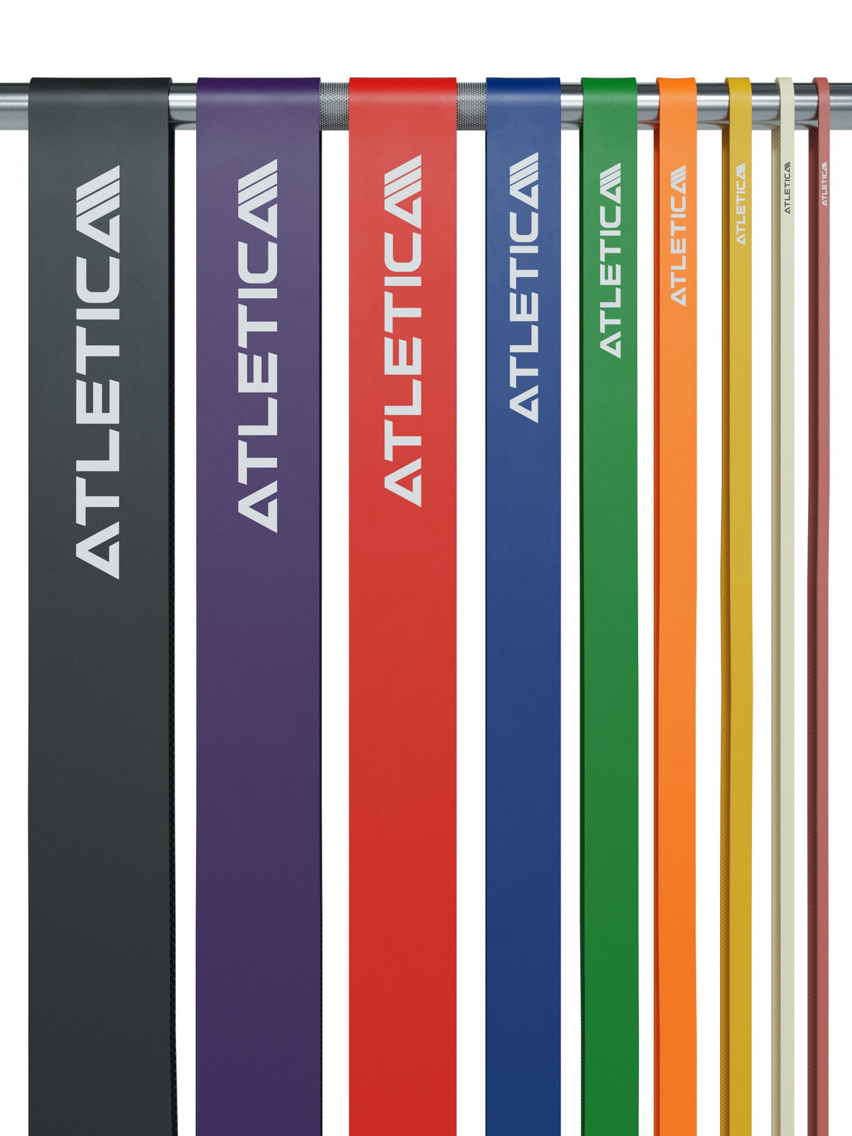 Atletica resistance bands full set in 9 colors hanging side by side
