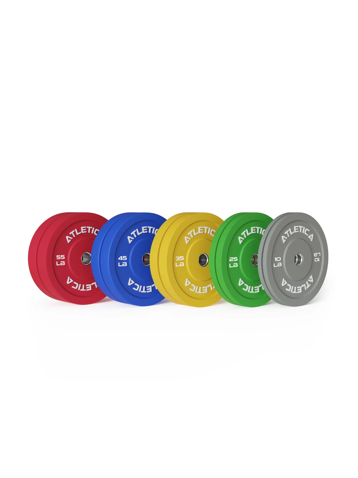Alpha Barbell Set Bumper Plates – complete color range 10 lb gray 25 lb green 35 lb yellow 45 lb blue 55 lb red