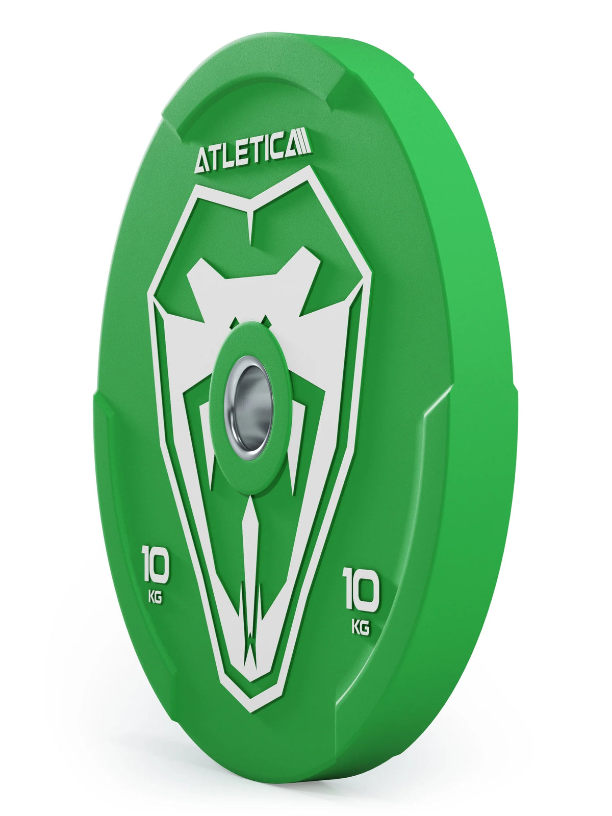 Atletica Animal bumper plate 22 lb, green, angled side view showing plate width