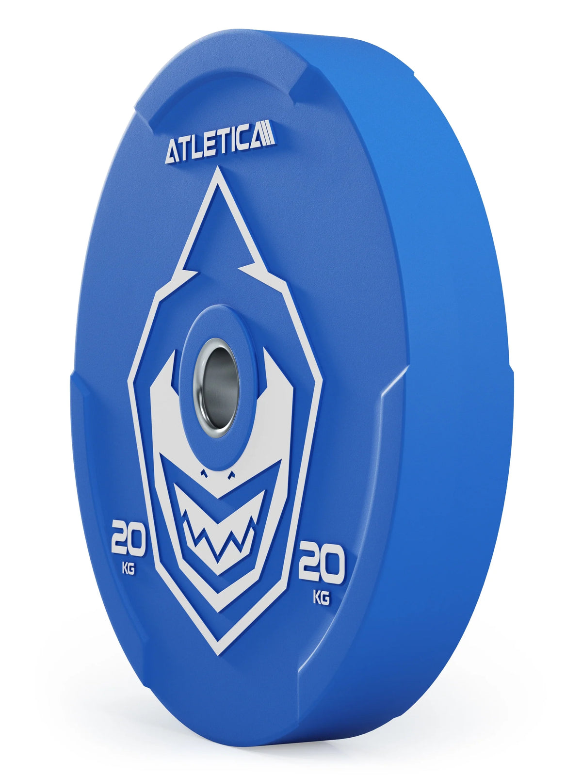 Atletica Animal bumper plate 44 lb, blue, angled side view showing plate width