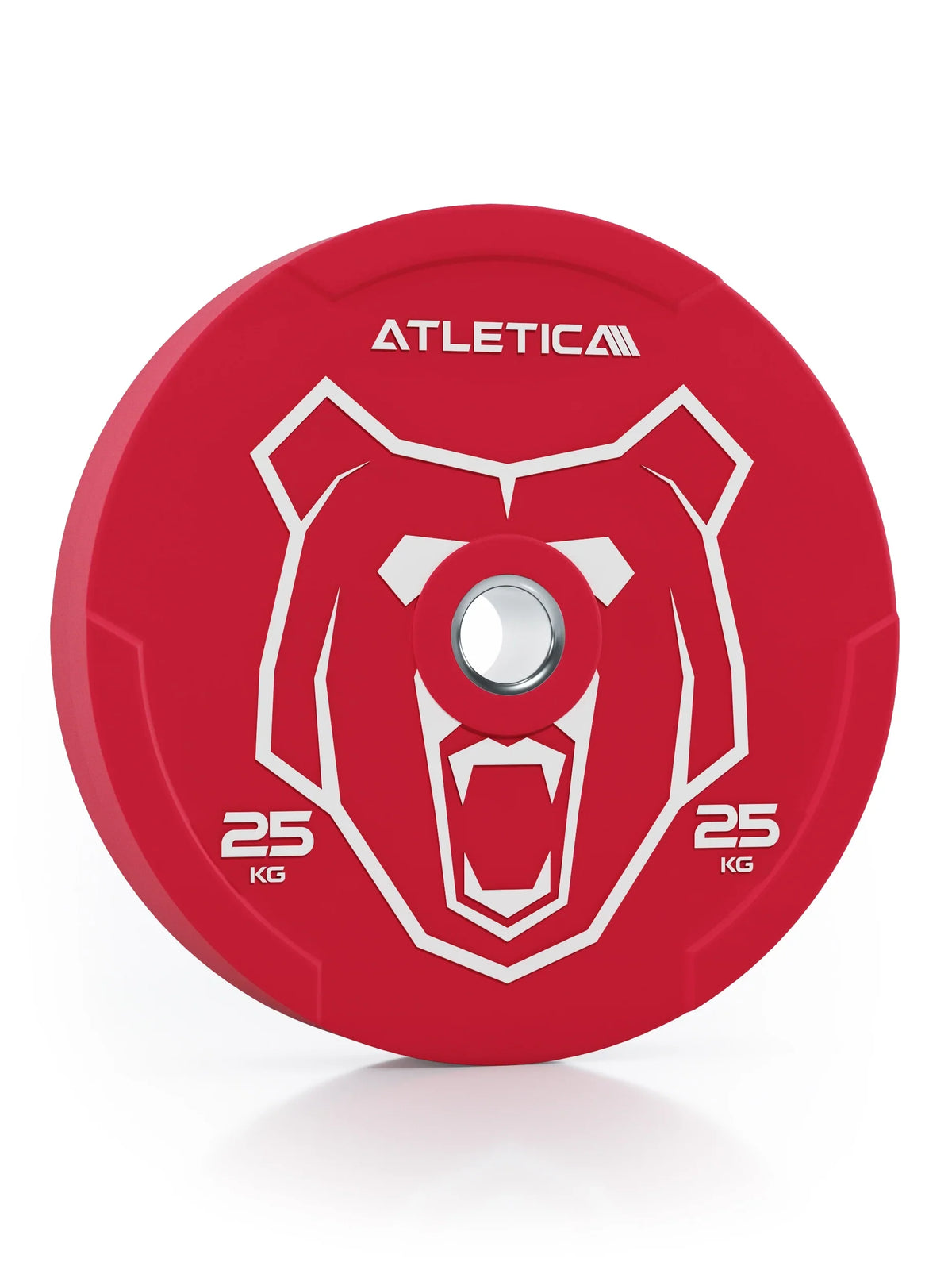 Animal Bumper Plates 55 lb - red weight plate 55 lb, bear motif, logo at the top, white lettering, central hole