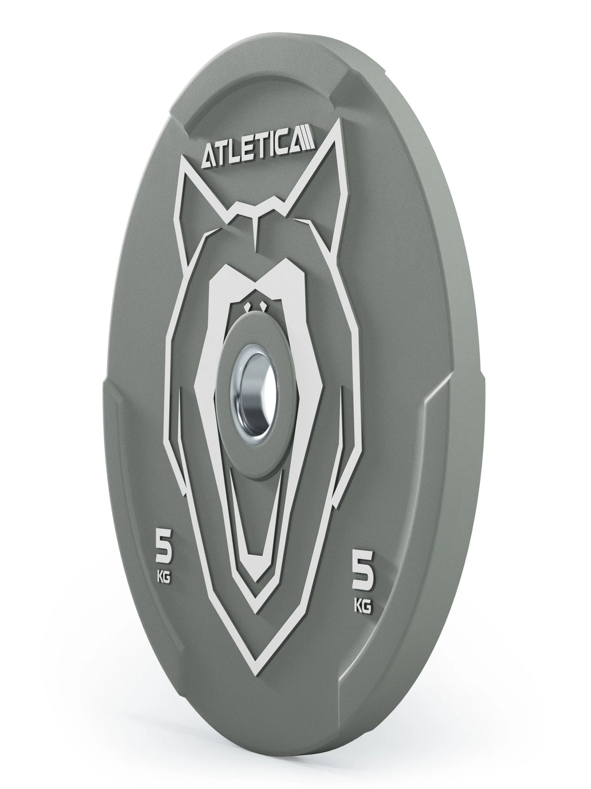 Atletica Animal bumper plate 11 lb, gray, angled side view showing plate width