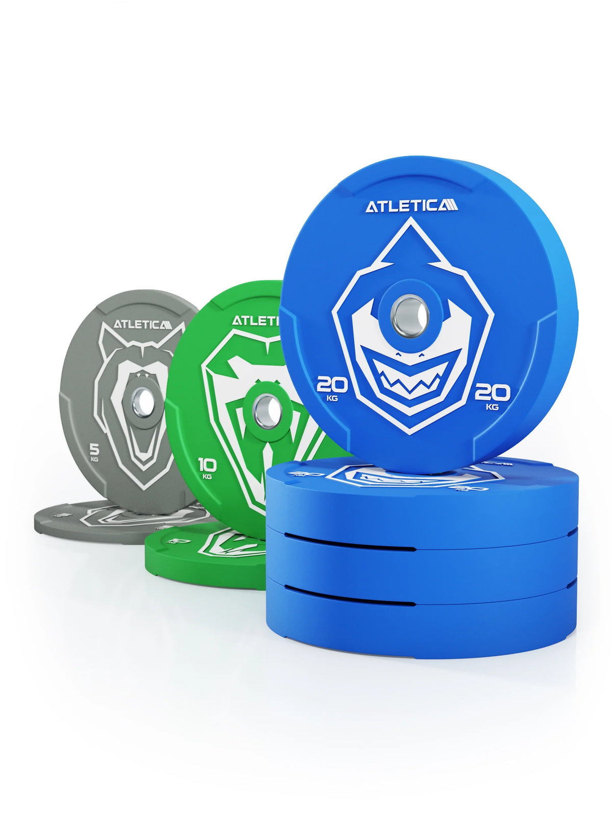 Atletica Animal bumper plates set 243 lb: gray, green and stacked blue plates, angled view