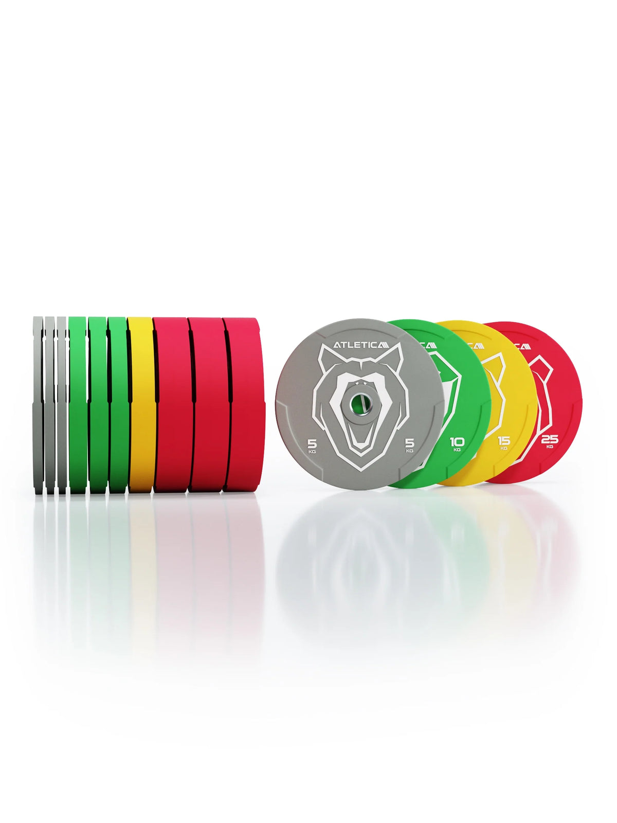 Atletica Animal bumper plates set 419 lb, plates standing upright and side by side